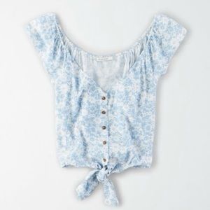 AE | Tie Front Button Up Crop Blouse | S